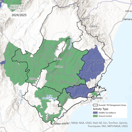 Map of Dunedin showing boundaries of the Dunedin TB management area plus areas of ground and survey operations