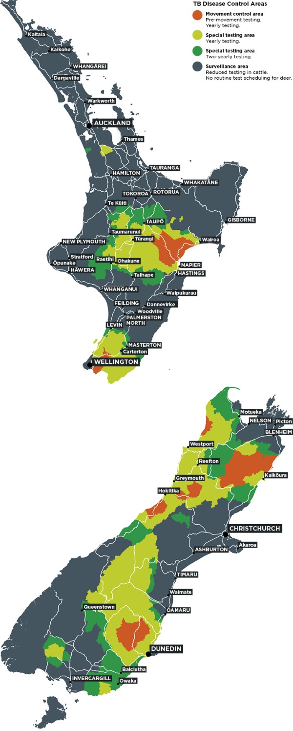 Map showing disease control area boundaries in New Zealand. Disease control areas shown include movement control areas (in orange), yearly special testing areas (in lime green), two-yearly special testing areas (in mid-green) and surveillance areas (in dark grey).