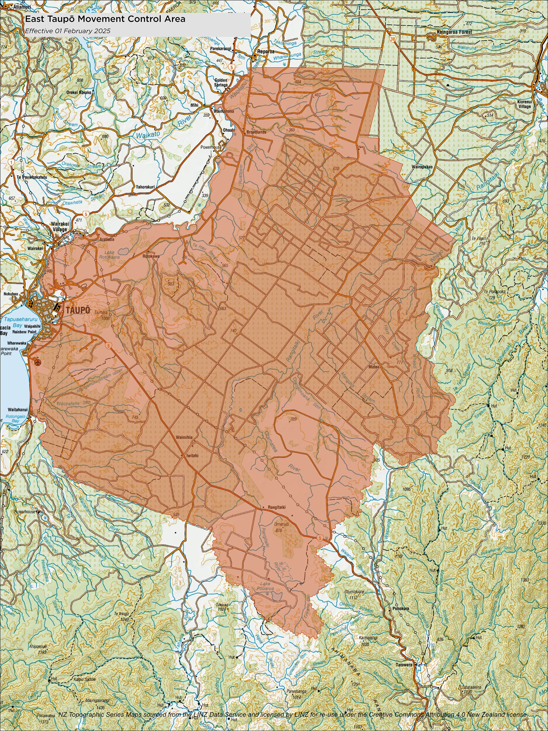 A topographic map of the East Taupo movement control area