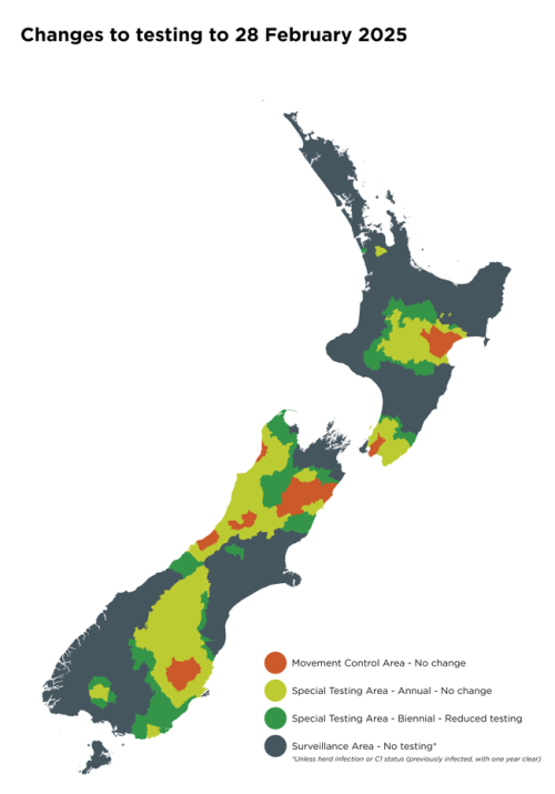 Map of New Zealand indicating areas of reduced on-farm TB testing